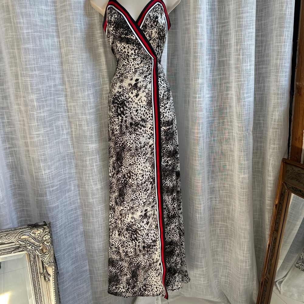 Elegant Black and White Spotted Dress with Red Trim